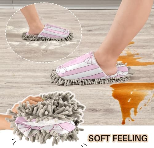 Microfiber Mop Slippers Bow Stripes Pink White Washable