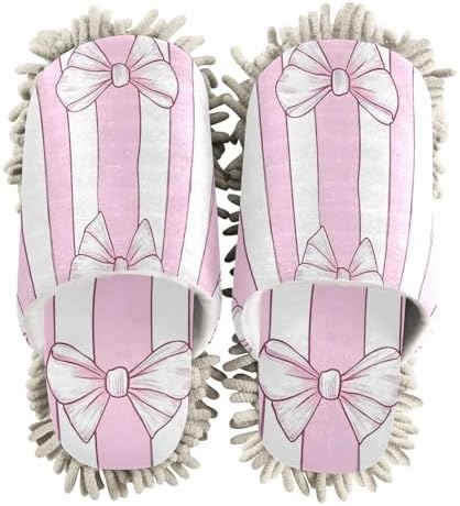 Microfiber Mop Slippers Bow Stripes Pink White Washable