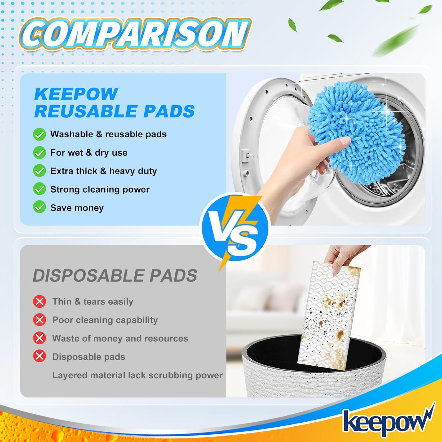 KEEPOW Reusable Microfiber Mop Pads 2 Pack 1