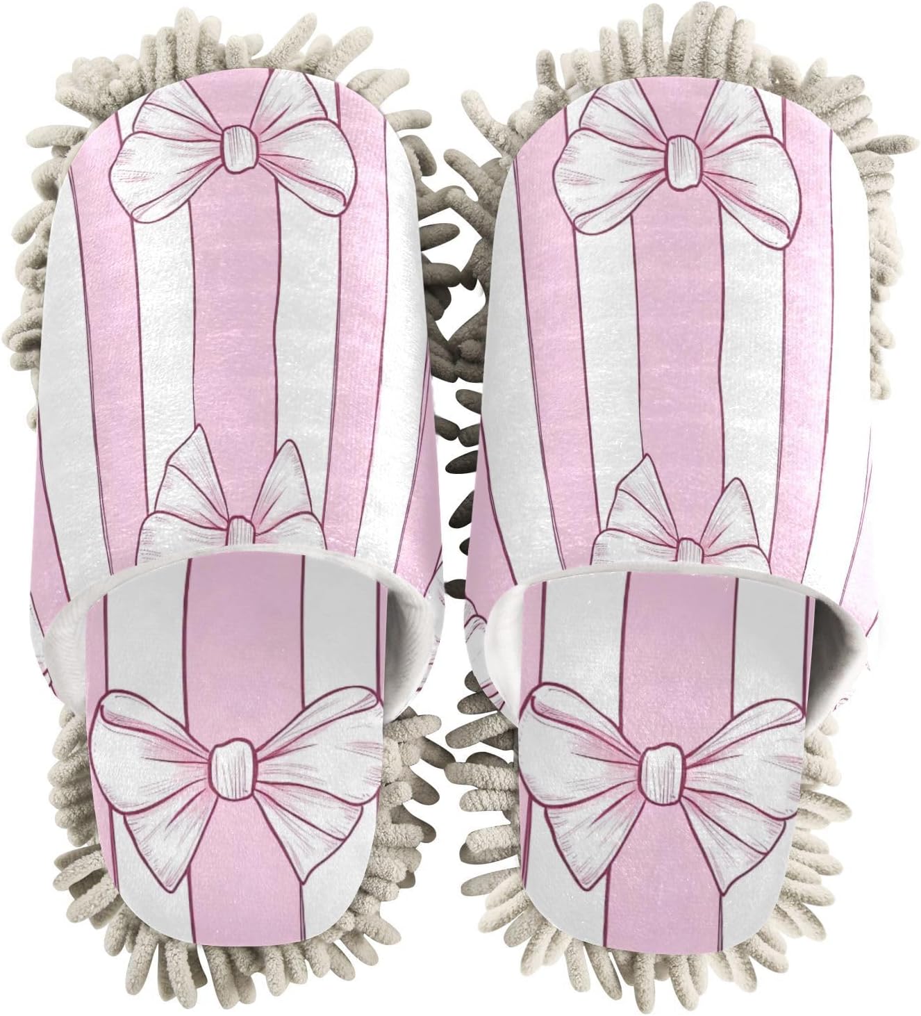 Microfiber Mop Slippers Bow Stripes Pink White Washable