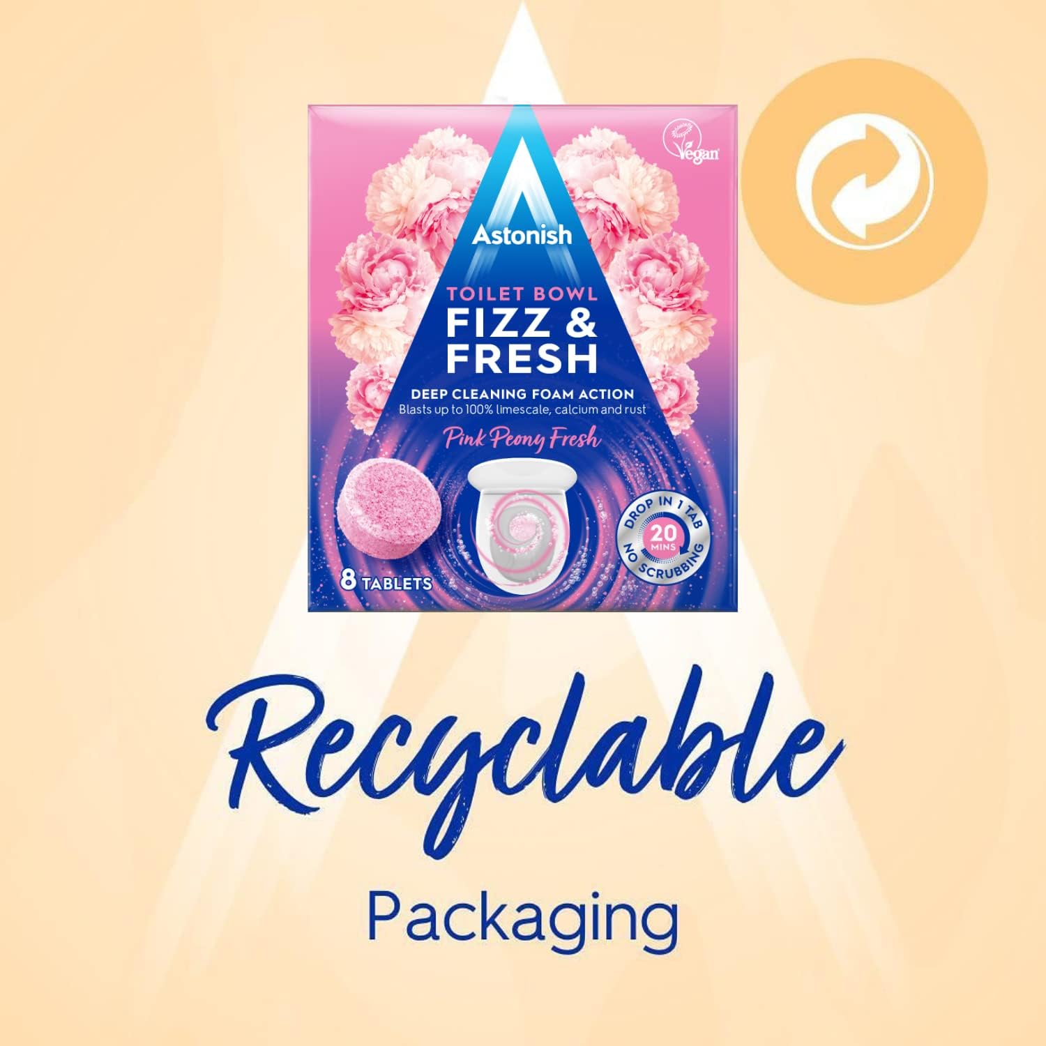 Astonish Foaming Toilet Bowl Cleaner - 8 Tablets Pink Peony Scent No Plastic Bottle