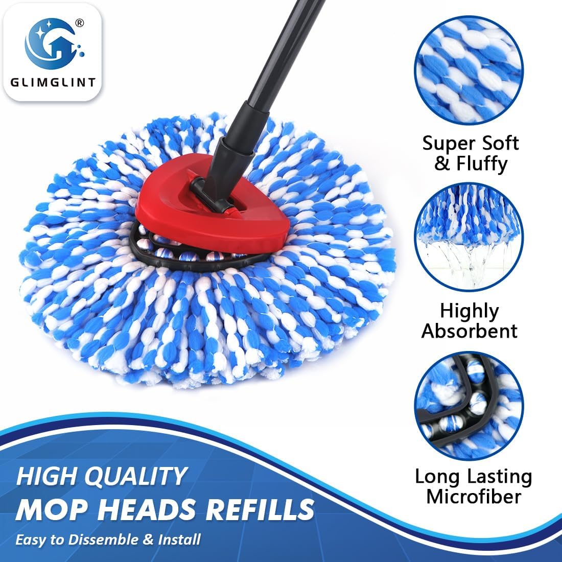 GLIMGLINT Mop Replacement Heads 3 Pack for RinseClean 2 Tank System