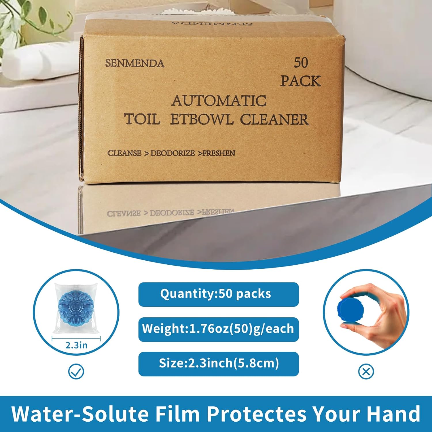Senmenda 50 Pack Blue Toilet Bowl Cleaner Tablets