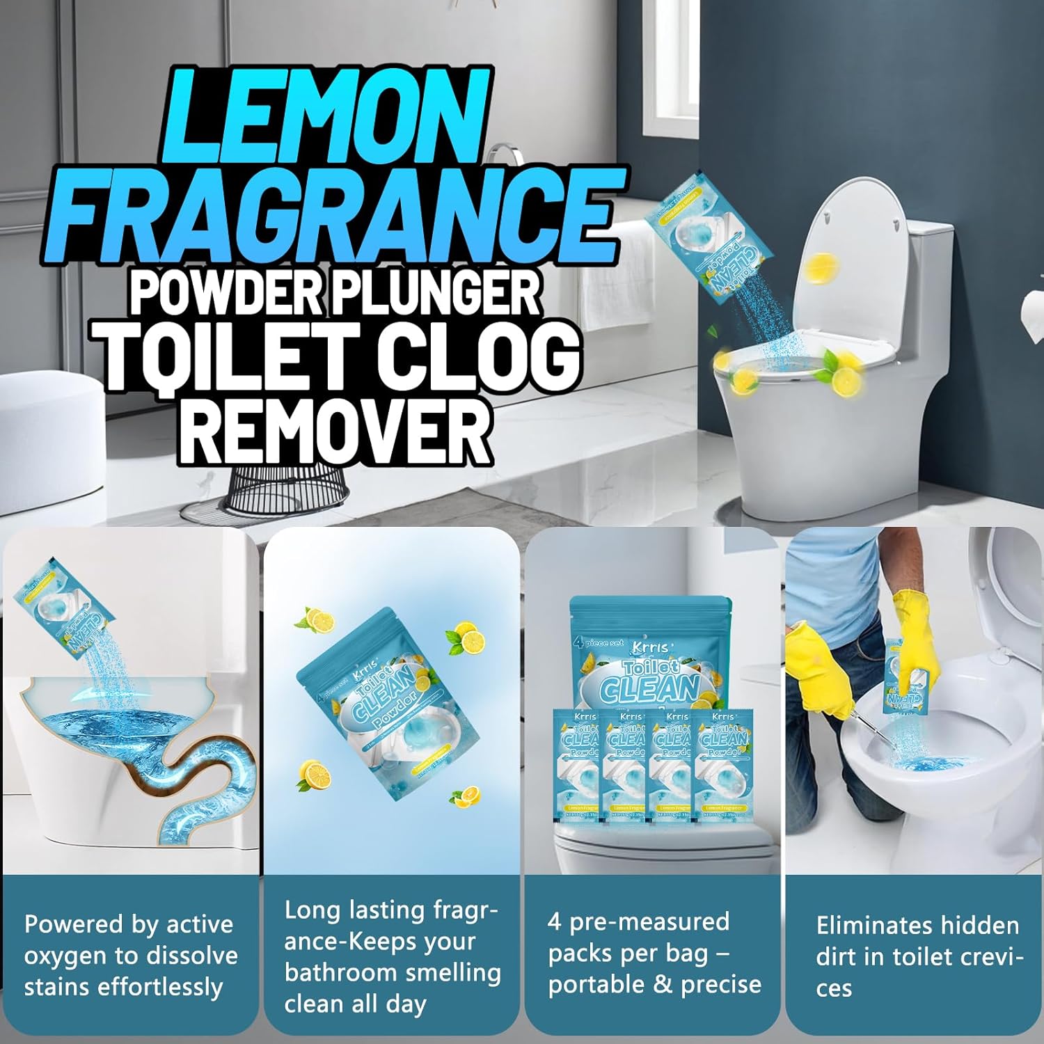 Krris Powerful Foaming Toilet Cleaner 4 Packs 3 oz Lemon Flavor