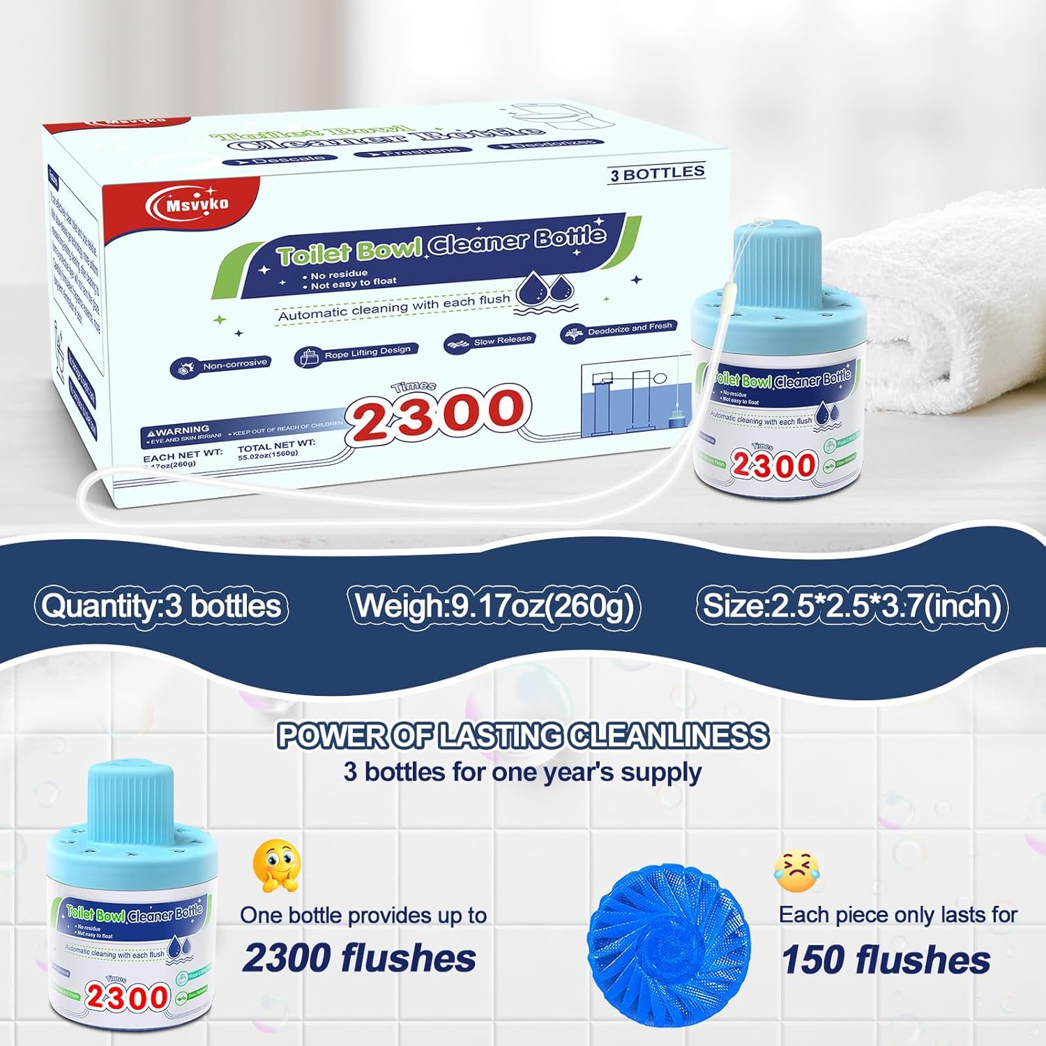 Msvvko Toilet Bowl Cleaner Tablets Blue Dissolving Solution Septic Safe 3 Packs
