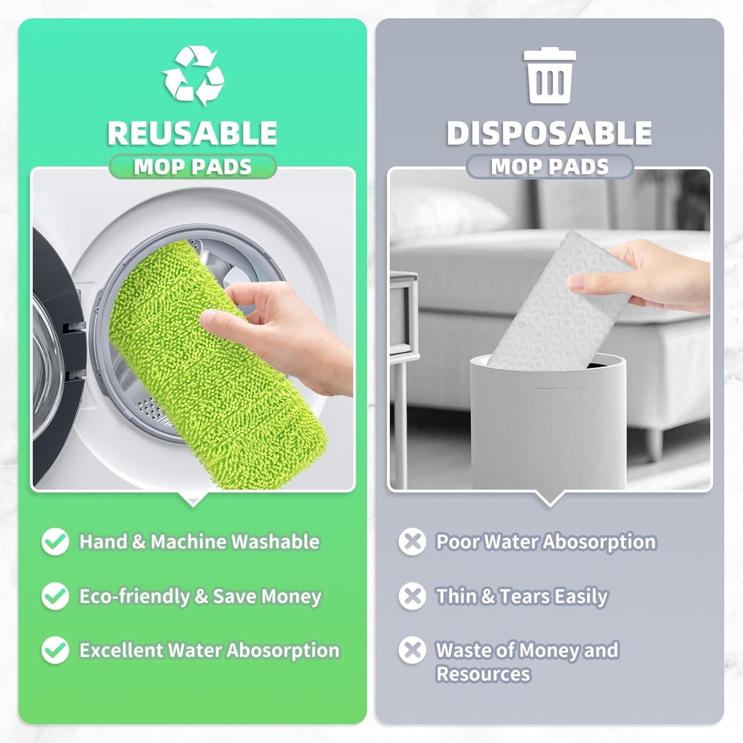 Nicemiya 4 Pack Reusable X-Large Mop Pads for Swiffer Sweeper XL