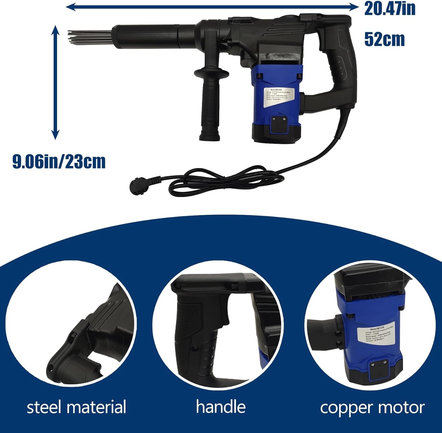 ZHIBIMOI 1100W Electric Needle Rust Remover 4500BPM Industrial Derusting Gun Air Tool Blue