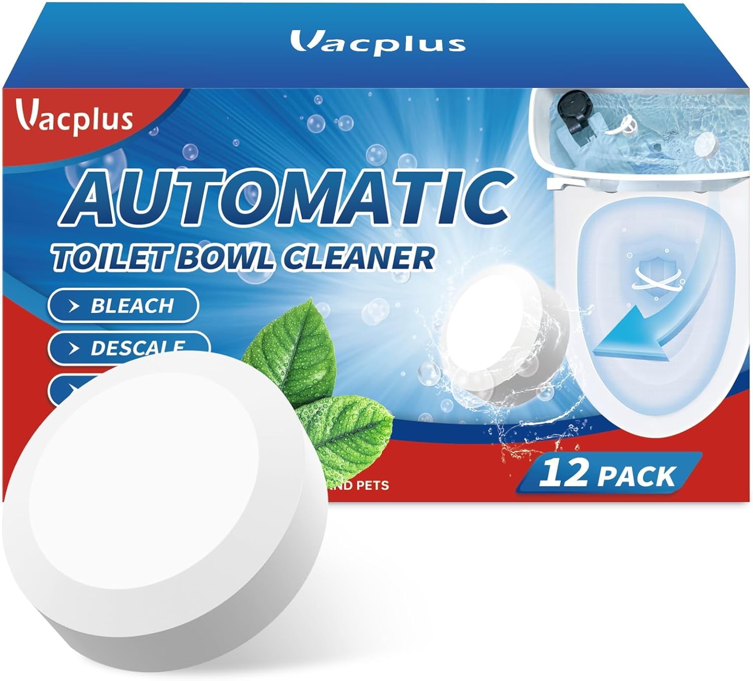 Vacplus Toilet Bowl Cleaners - 12 Pack Bleach Tablets Automatic Descaling and Deodorizing