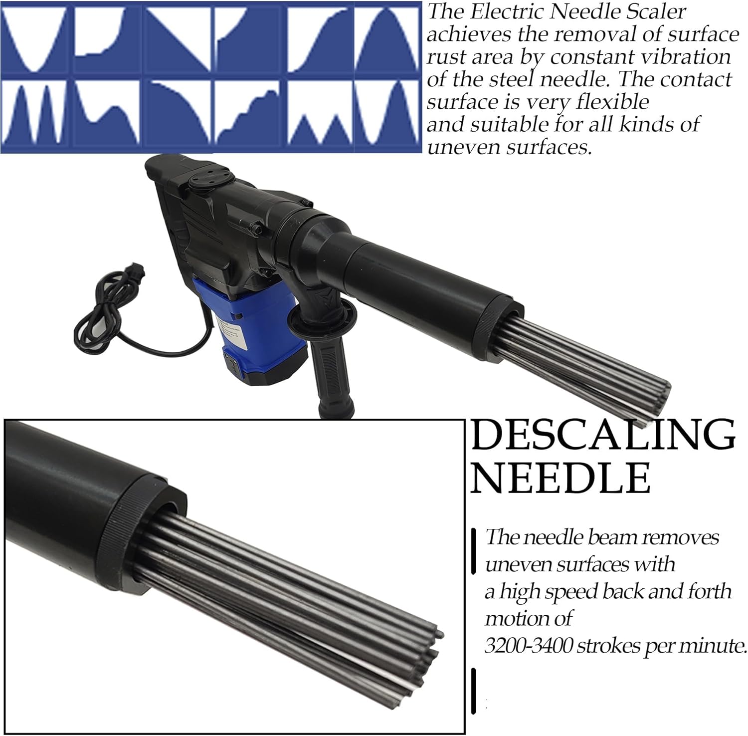 ZHIBIMOI 1100W Electric Needle Rust Remover 4500BPM Industrial Derusting Gun Air Tool Blue