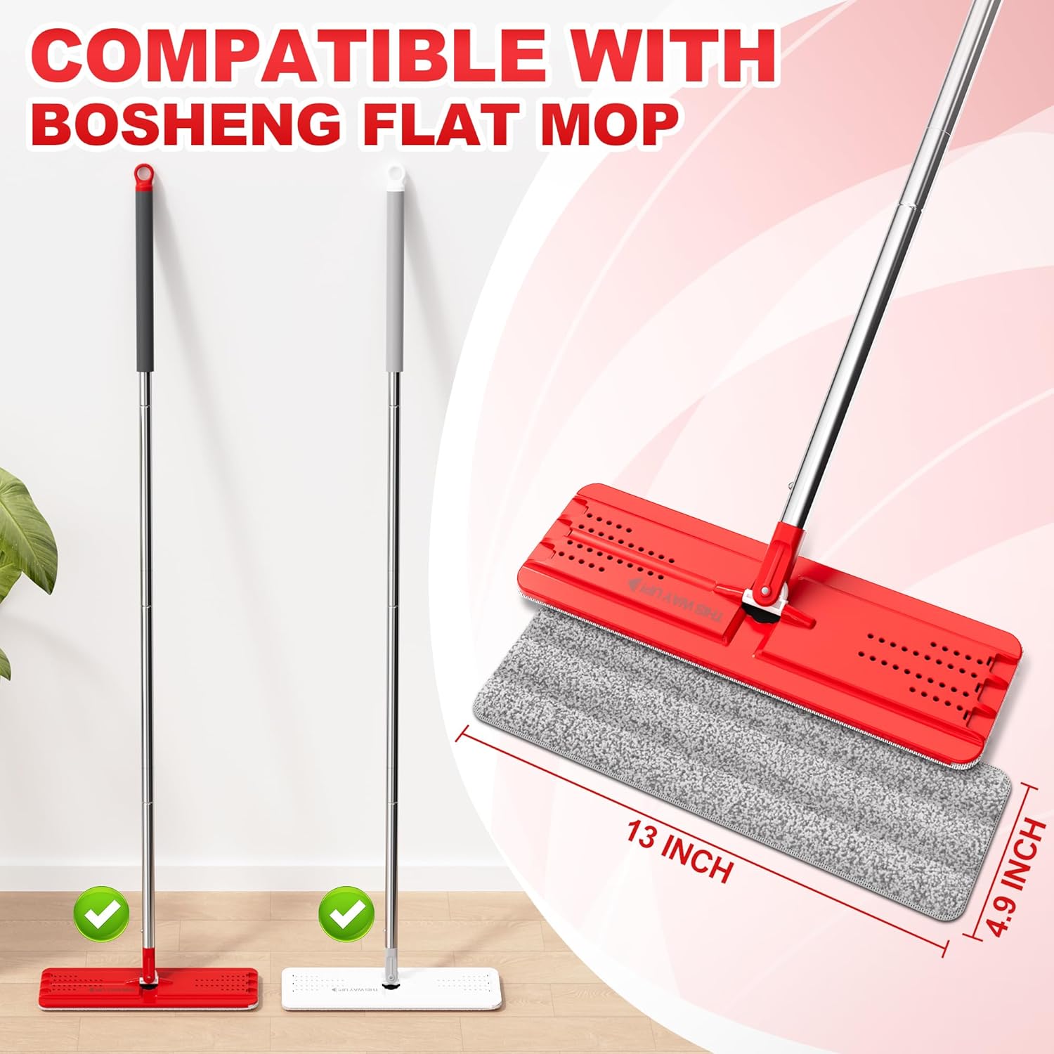 BOSHENG 13-Inch Microfiber Mop Pads Reusable Washable Pack of 4
