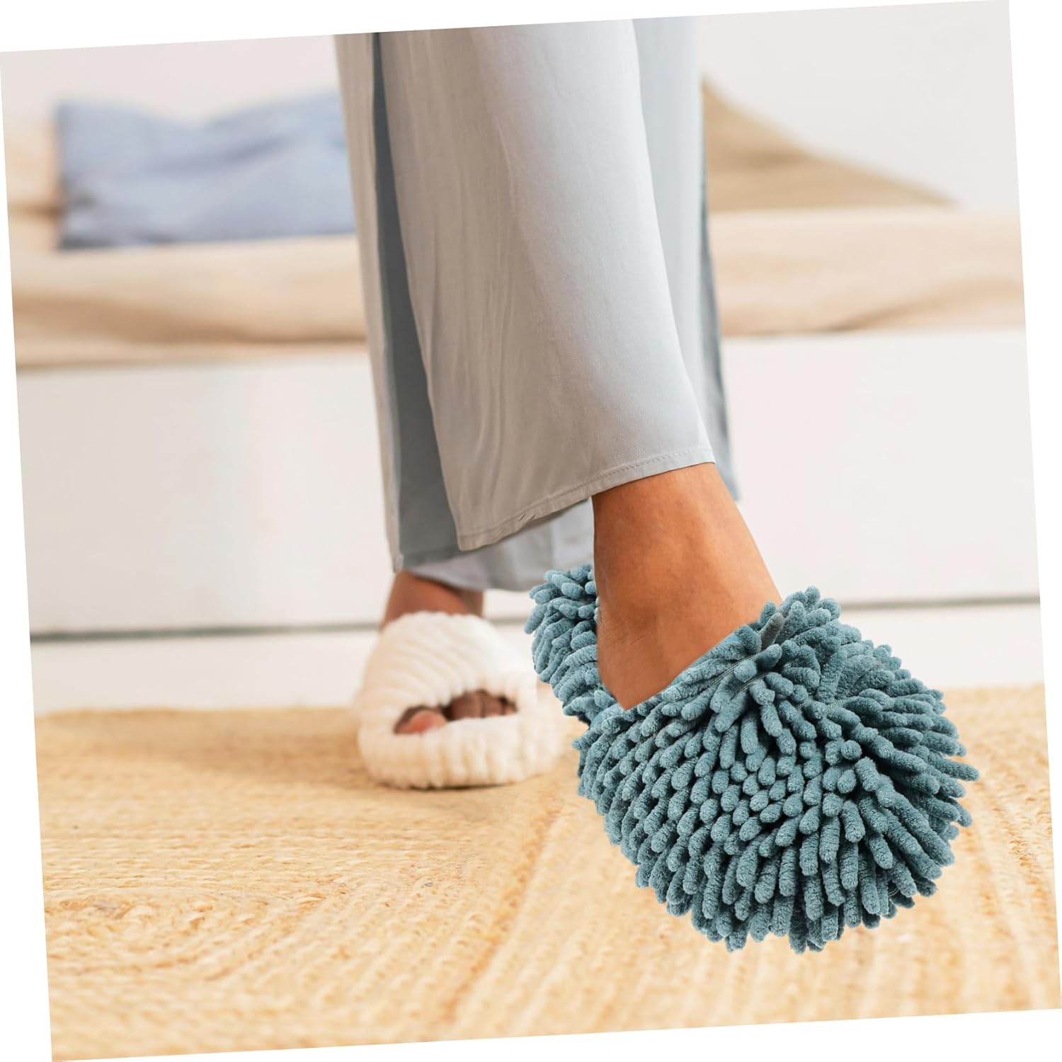 1 Pair Minkissy Mop Slippers Reusable Non-Slip Gray-Green