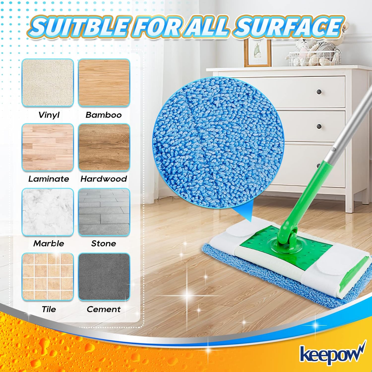 KEEPOW 2 Pack Reusable Microfiber Mop Pads