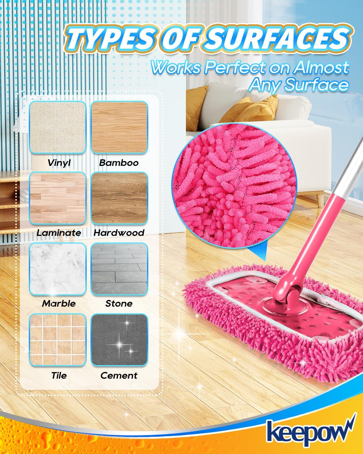 KEEPOW Reusable Microfiber Mop Pads 4PCS