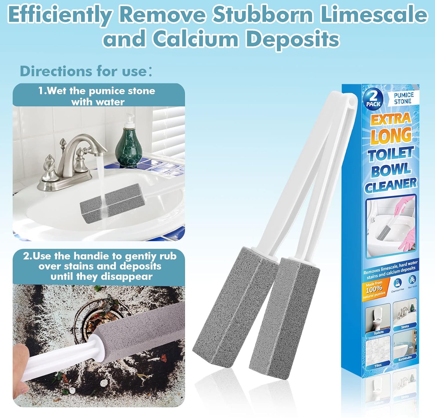 2 Pack Pumice Stone Toilet Brush with Extra Long Handle