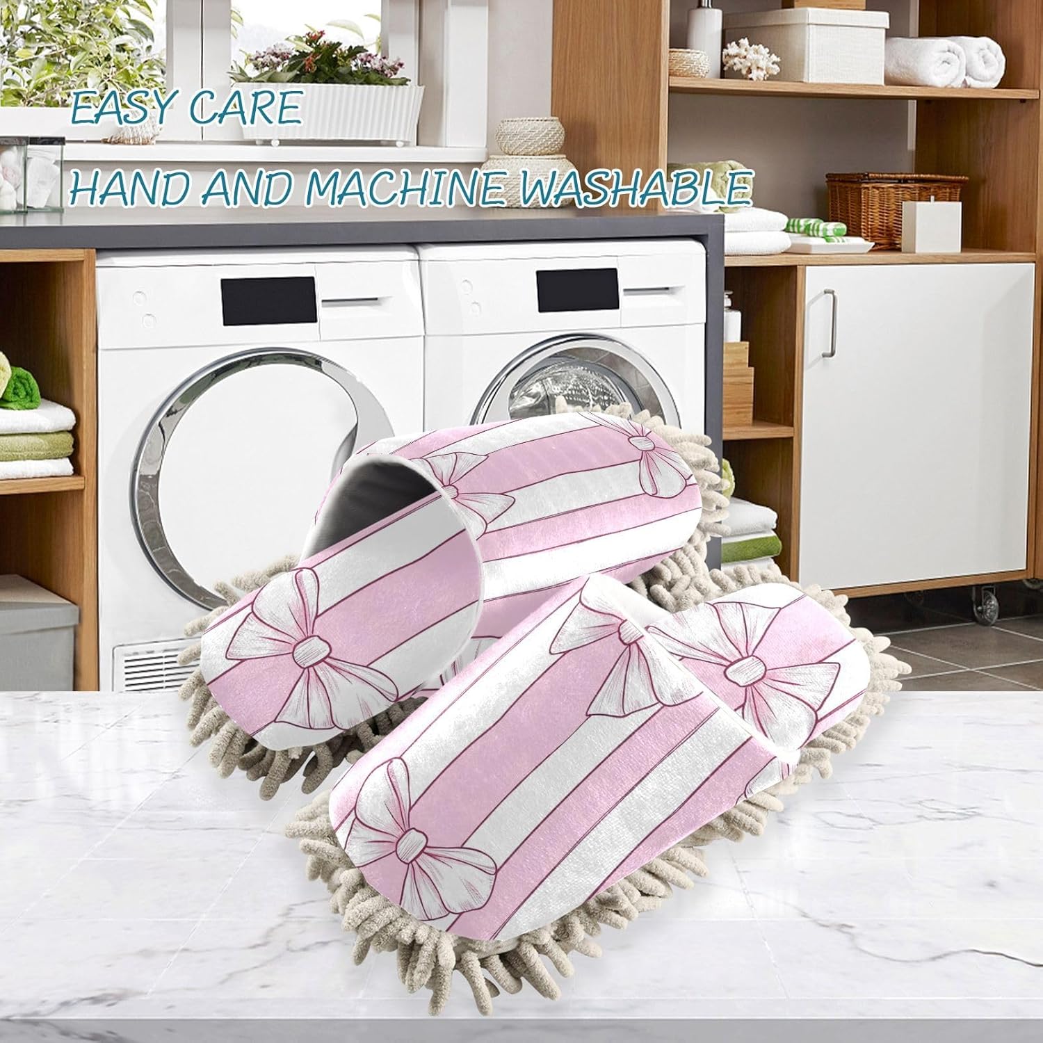 Microfiber Mop Slippers Bow Stripes Pink White Washable