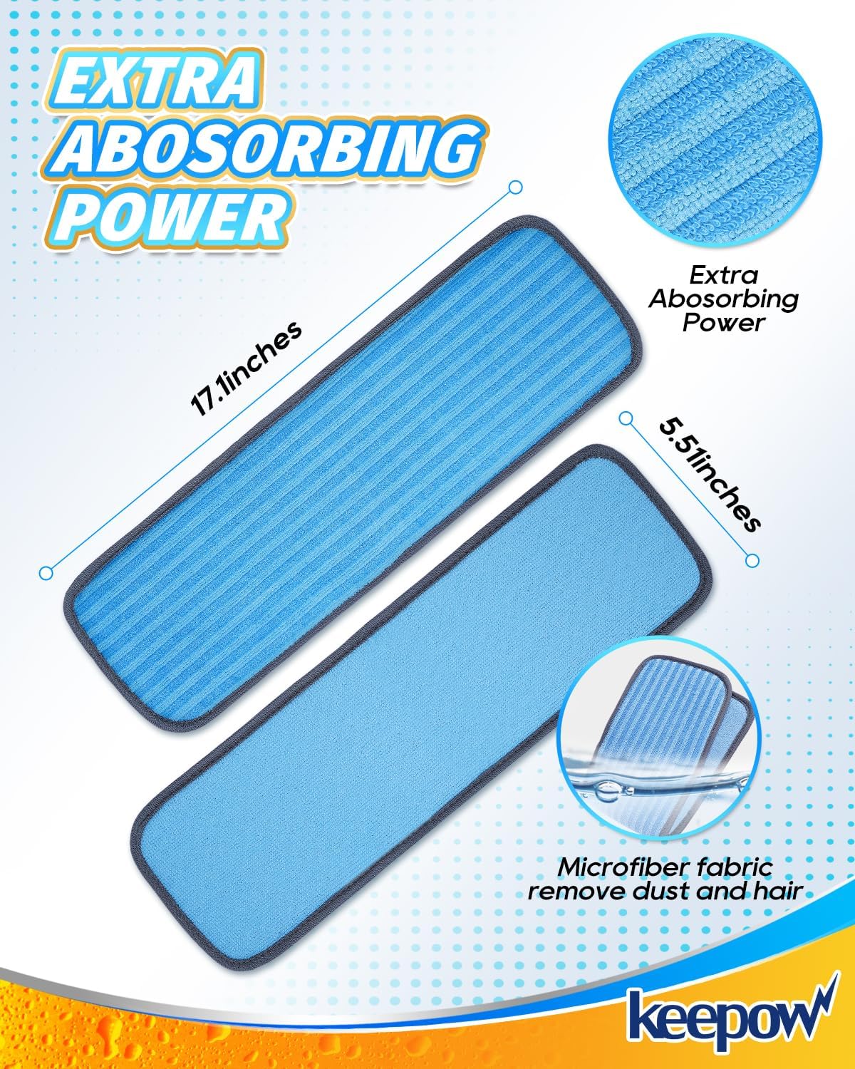 KEEPOW Reusable Microfiber Mop Pads 2 Pack