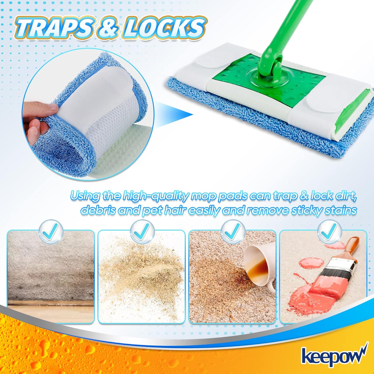KEEPOW 2 Pack Reusable Microfiber Mop Pads