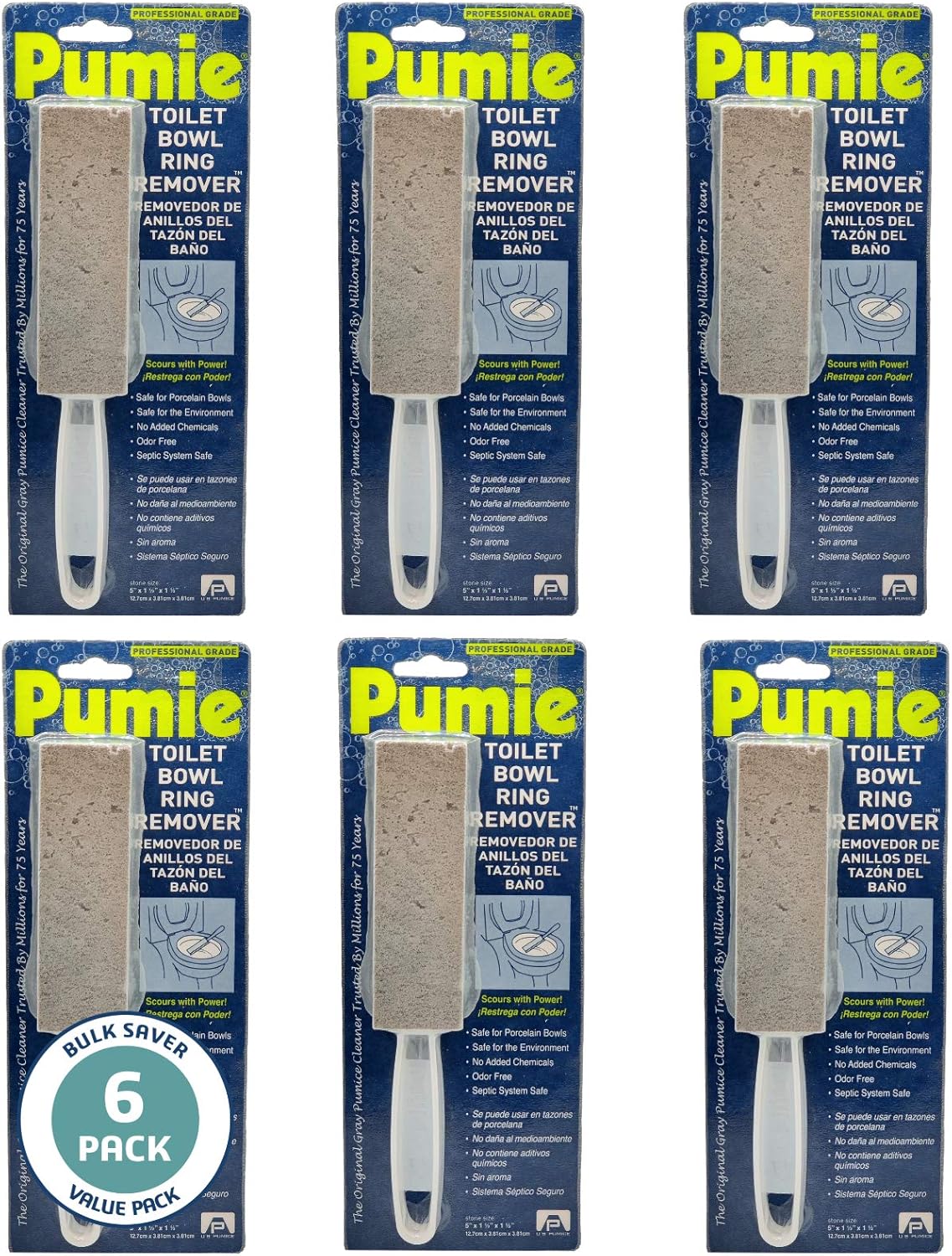 PUMIE Toilet Bowl Ring Stain Remover Pumice Scouring Stick wHandle Pack of 6