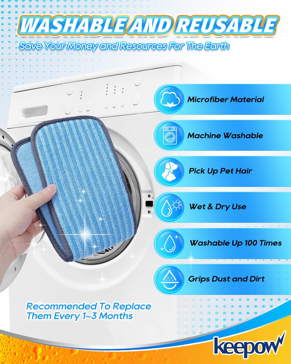 KEEPOW Reusable Microfiber Mop Pads 2 Pack