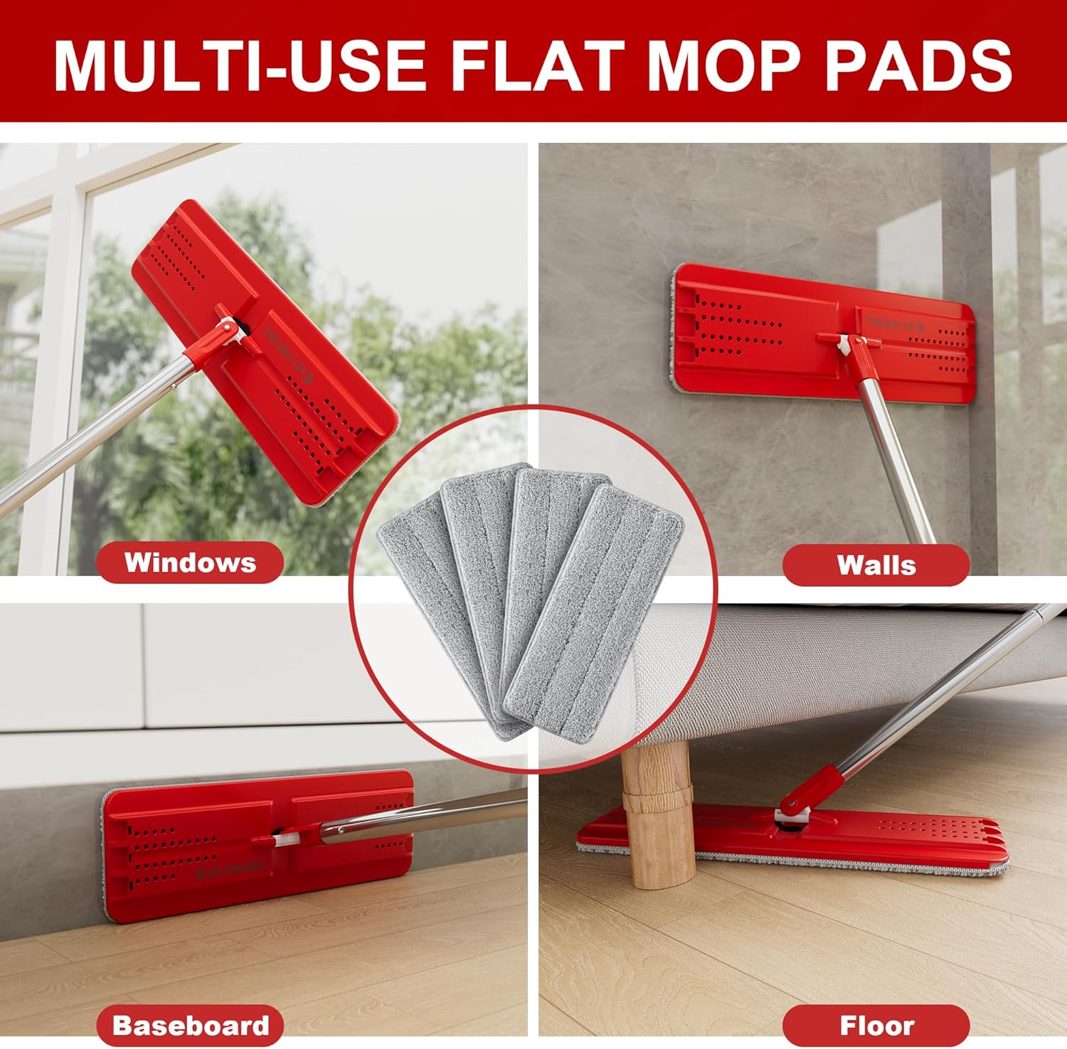 BOSHENG 13-Inch Microfiber Mop Pads Reusable Washable Pack of 4
