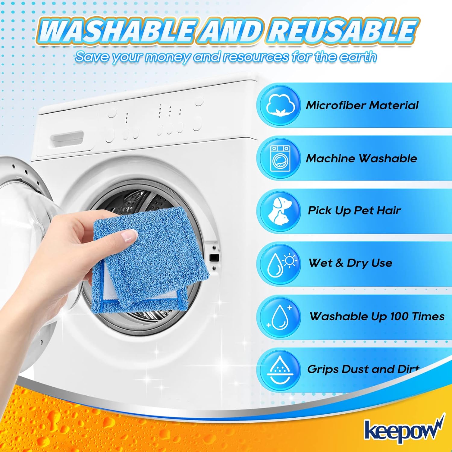 KEEPOW 2 Pack Reusable Microfiber Mop Pads