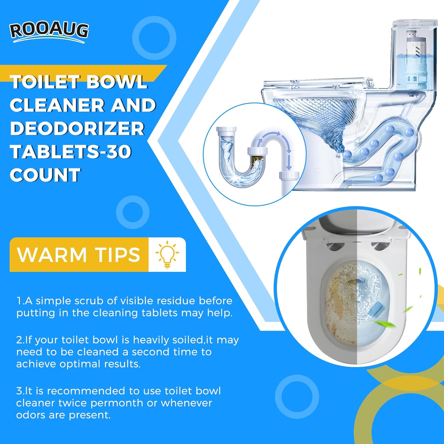 ROOAUG 30 Tabs Toilet Bowl Cleaner Tablets