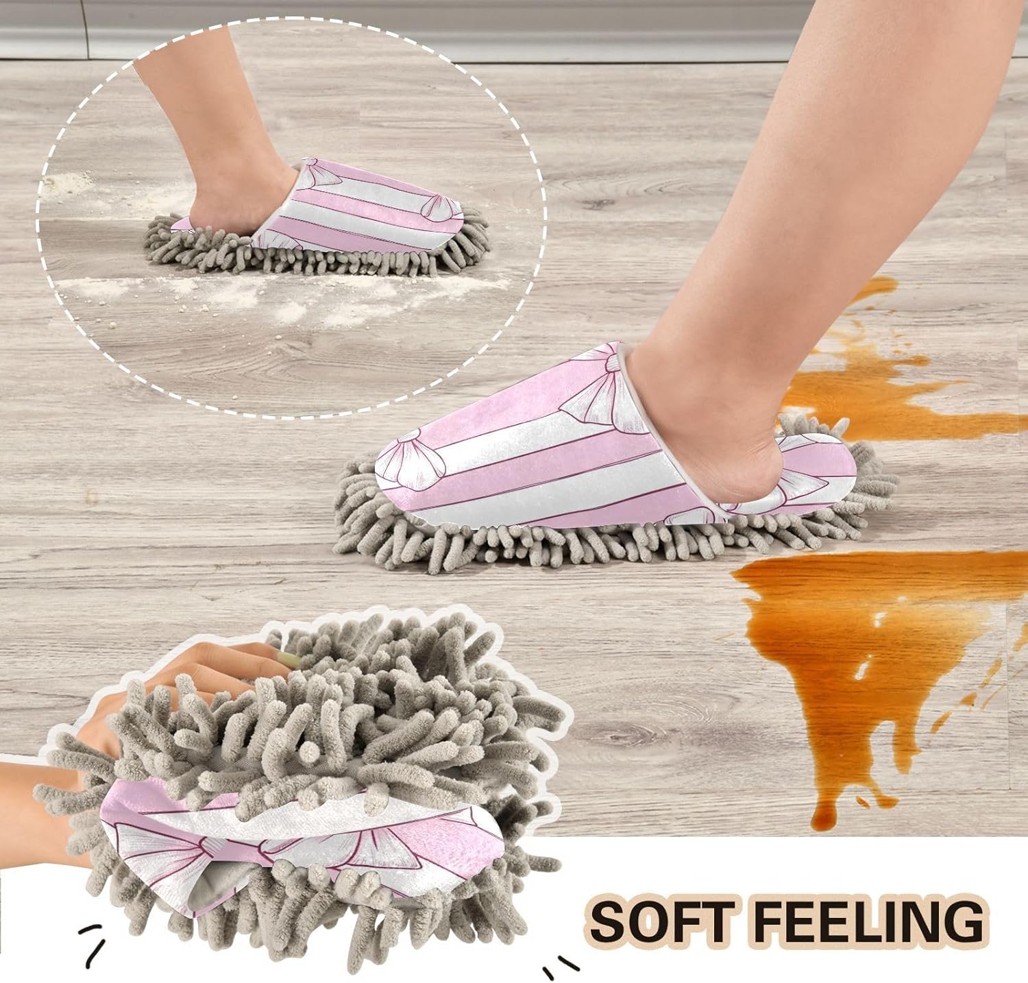 Microfiber Mop Slippers Bow Stripes Pink White Washable