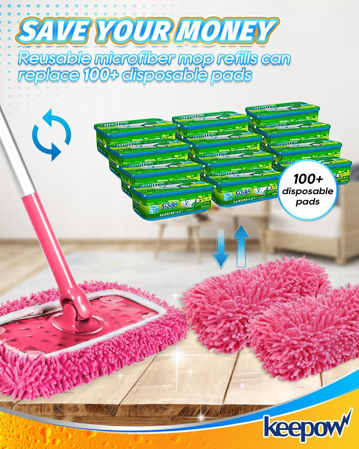 KEEPOW Reusable Microfiber Mop Pads 4PCS