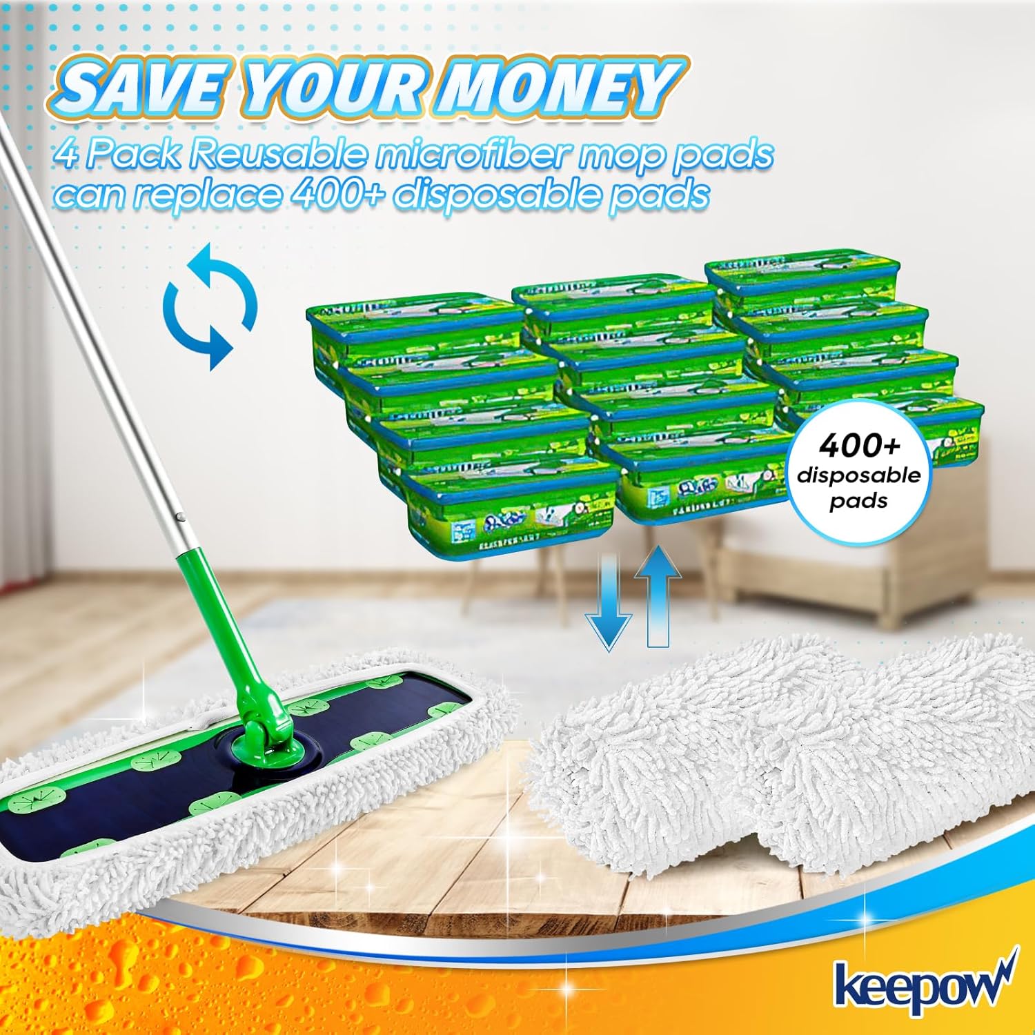 KEEPOW Reusable XL Mop Pads Refills 4 Pack