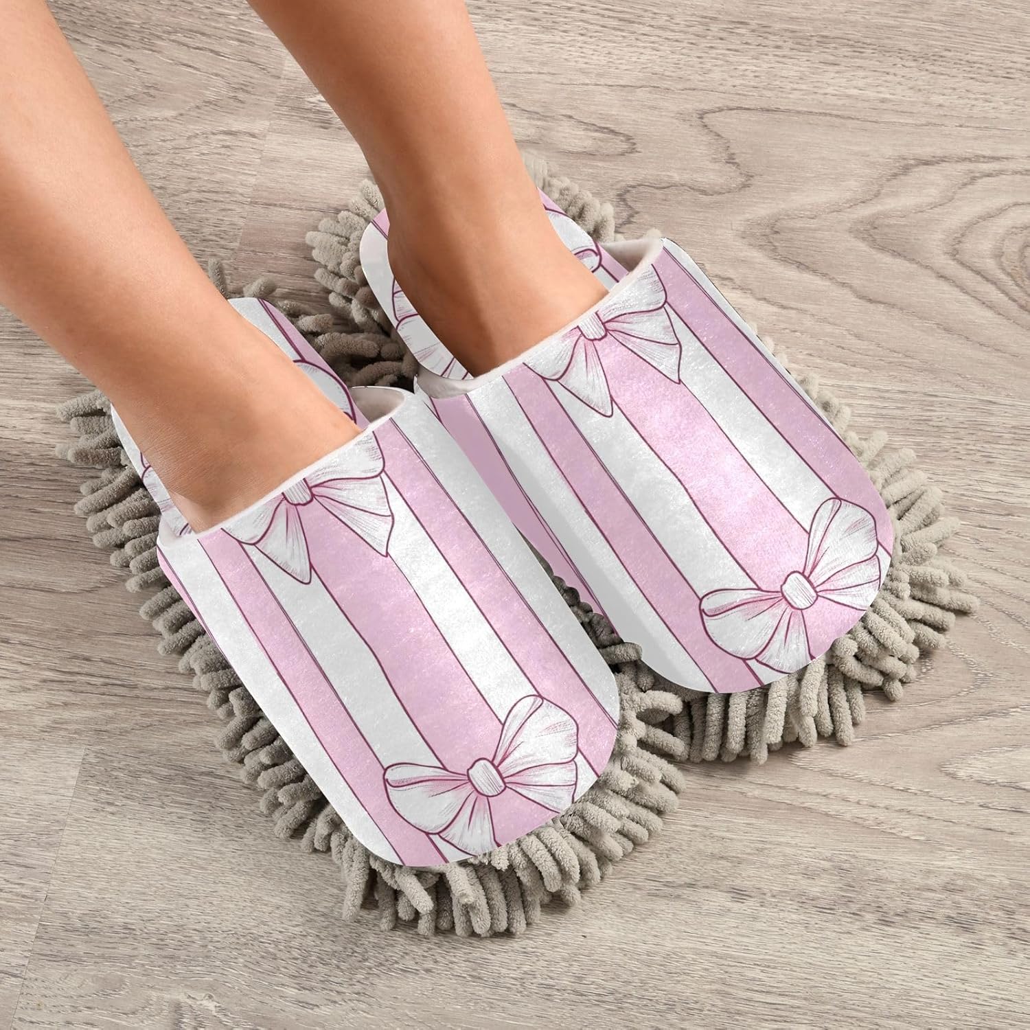 Microfiber Mop Slippers Bow Stripes Pink White Washable